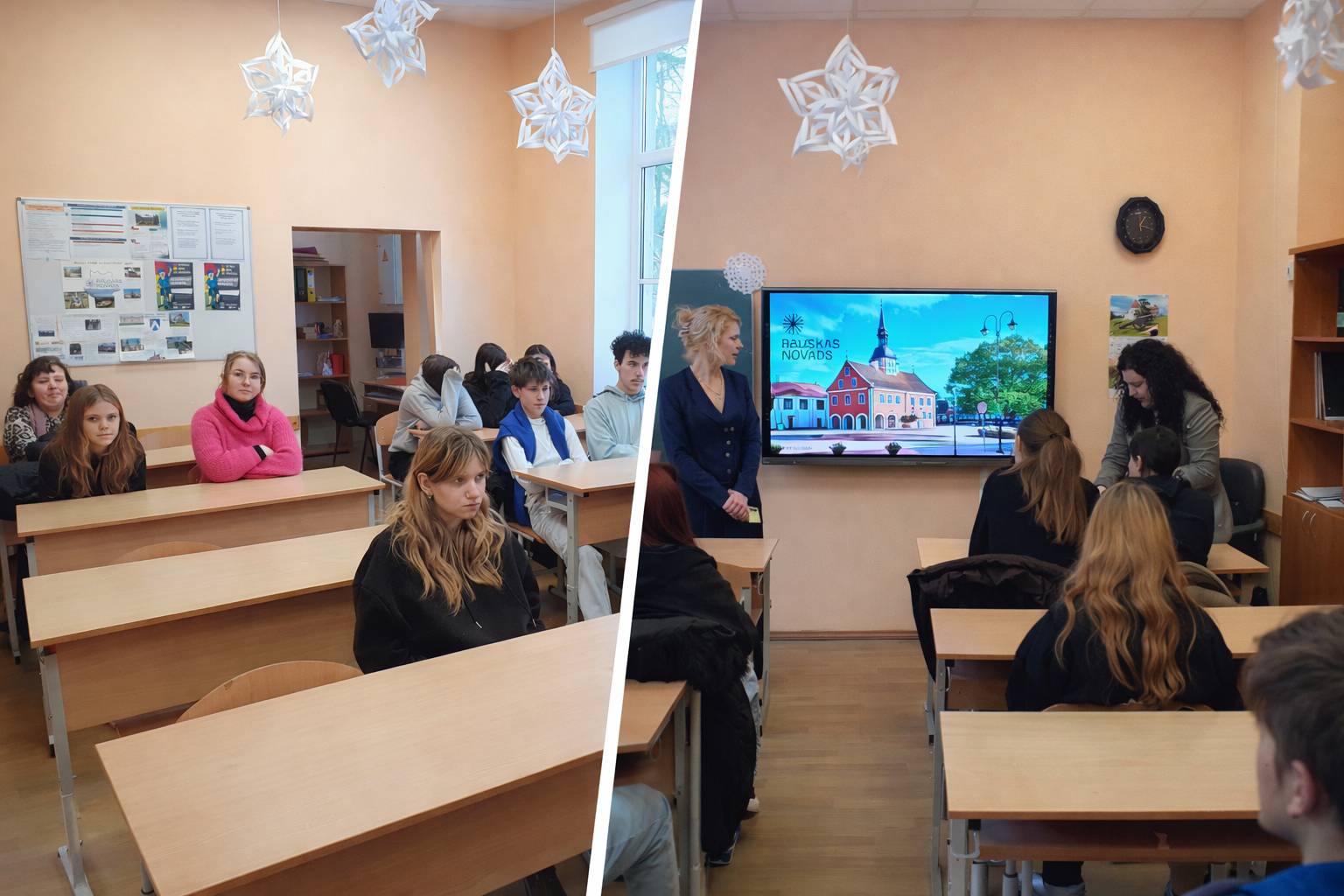 Divu attēlu kolāža no Karjeras dienas pasākuma, kurš notika 9. klasei 2026. gada 22. janvārī Vecsaules pamatskolas vēstures kabinetā