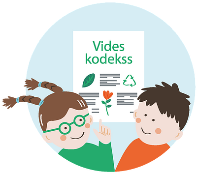 Vides kodeksa logo (zēns, meitene, teksta dokuments ar svītrām bustu vietā)